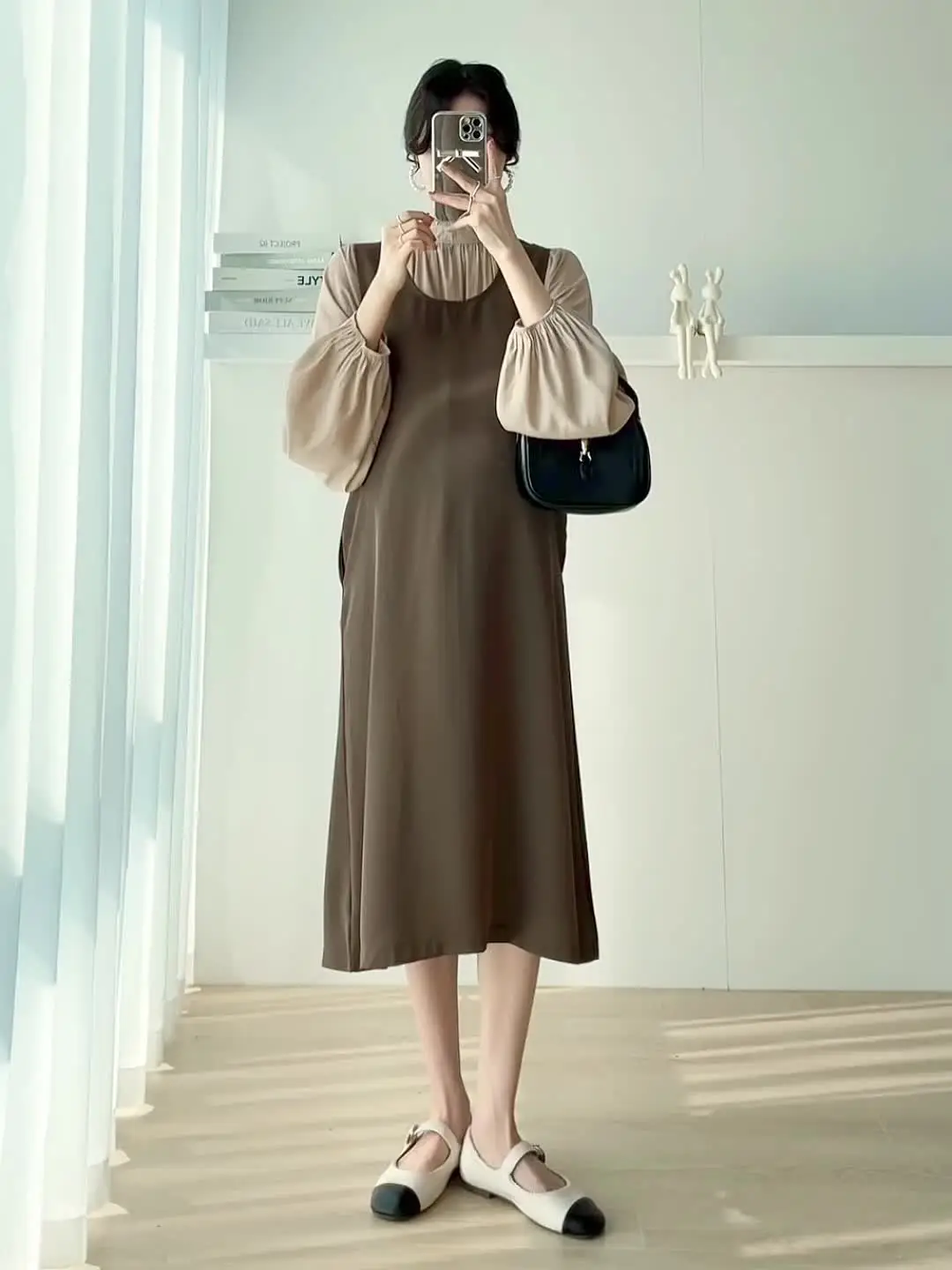 M54331# Top + Dress Maternity Clothes Lantern Sleeve Dress Women Suits Pragnancy Clothes 2Pcs Maternity Set