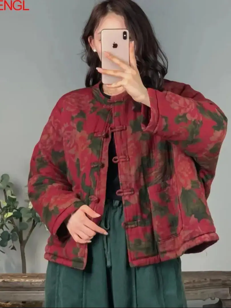 

Autumn And Winter Ethnic Style Flower Print Jacket New Women's Printing Retro Loose Long Sleeved Single Breasted Cotton Coat Top