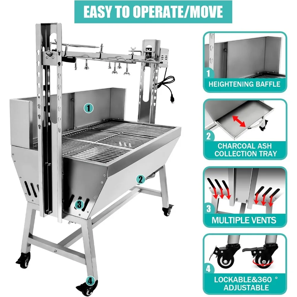 37" Electric Rotisserie Grill, Pig Lamb Spit Roaster Stand Rotisserie 132 Lbs Capacity With Adjustable Height, BBQ Charcoal 5