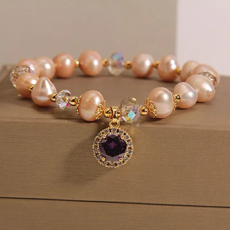 

Natural Champagne Gold Freshwater Pearl Bracelet Women's Niche Design Light Luxury High-grade Amethyst Pendant Bracelet