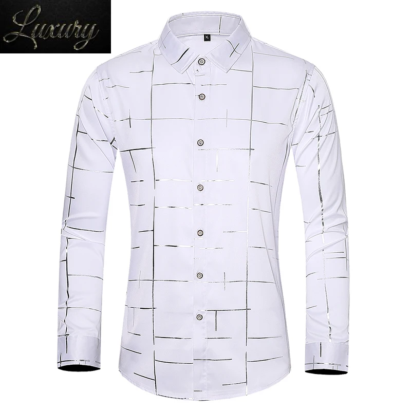 

2023 Fall men's long-sleeved shirt gilded printing slim-fit lapel single-breasted men Tuxedo Shirts plus size M-7XL
