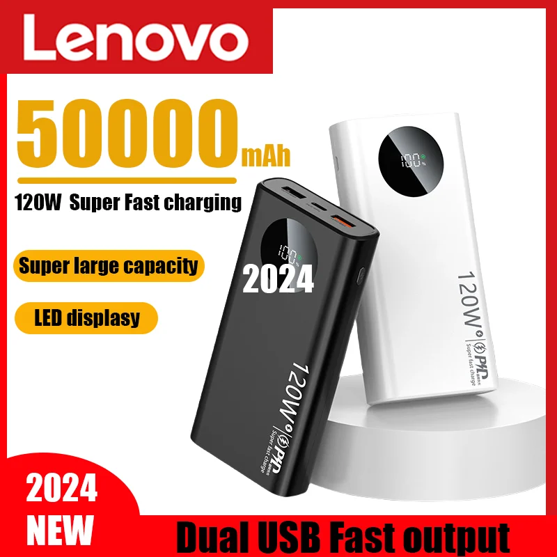 Lenovo 120W Fast Charging Power Bank 50000mAh High Capacity Portable Battery Charger For iPhone Samsung Huawei