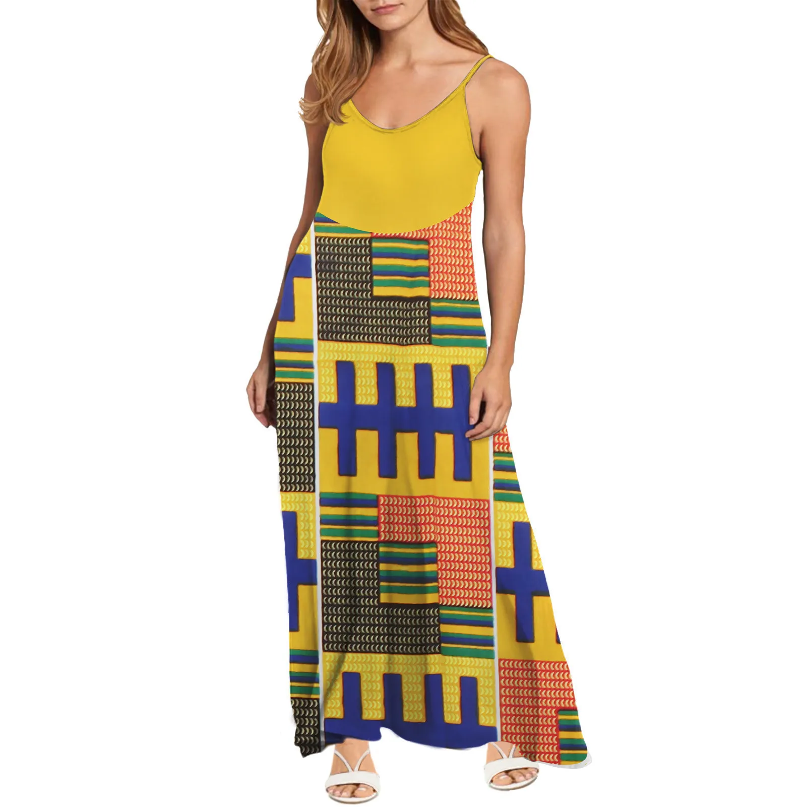 

Noisydesigns 2023 Women's New Fashion Loose Casual Ladies African Tribal Ankara Prints V-Neck Sling Dress Beach Sleeveless Dress