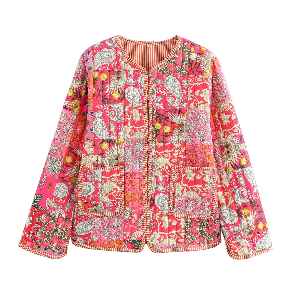 thumbnail image 1 of HH TRAF Otoño Mujer Estampado Empalme Cuello Redondo Chaqueta Algodón Abrigo Un Solo Pecho Manga Larga 3 Colores Cálido Bolsillo Chaqueta Superior Mujer, 1 of 5