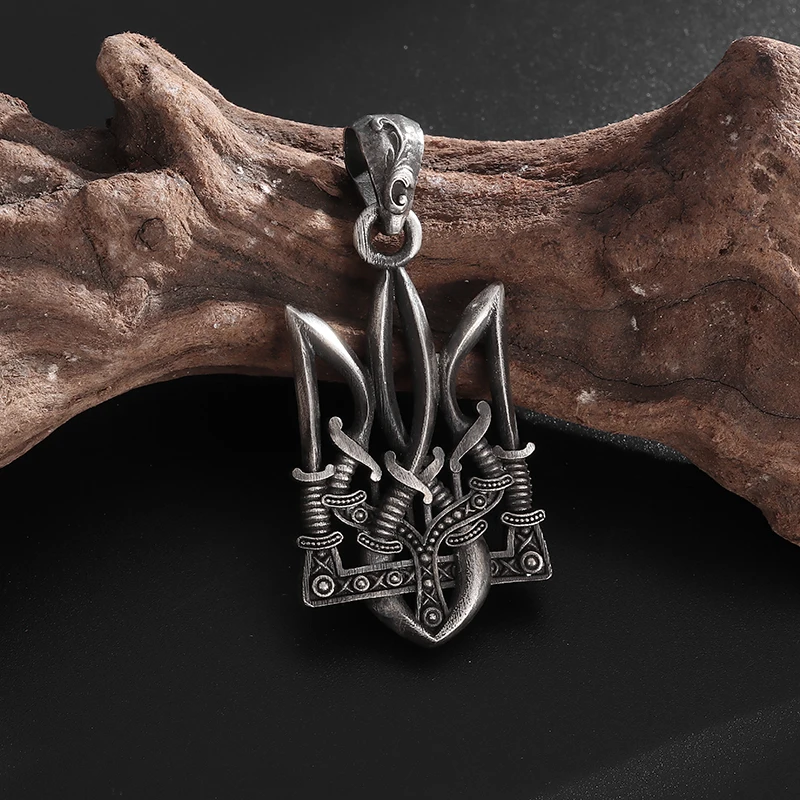Retro Gothic Neptune Poseidon Trident Pendant Necklace Ukraine National Emblem Men's Amulet Good Luck Fashion Jewelry