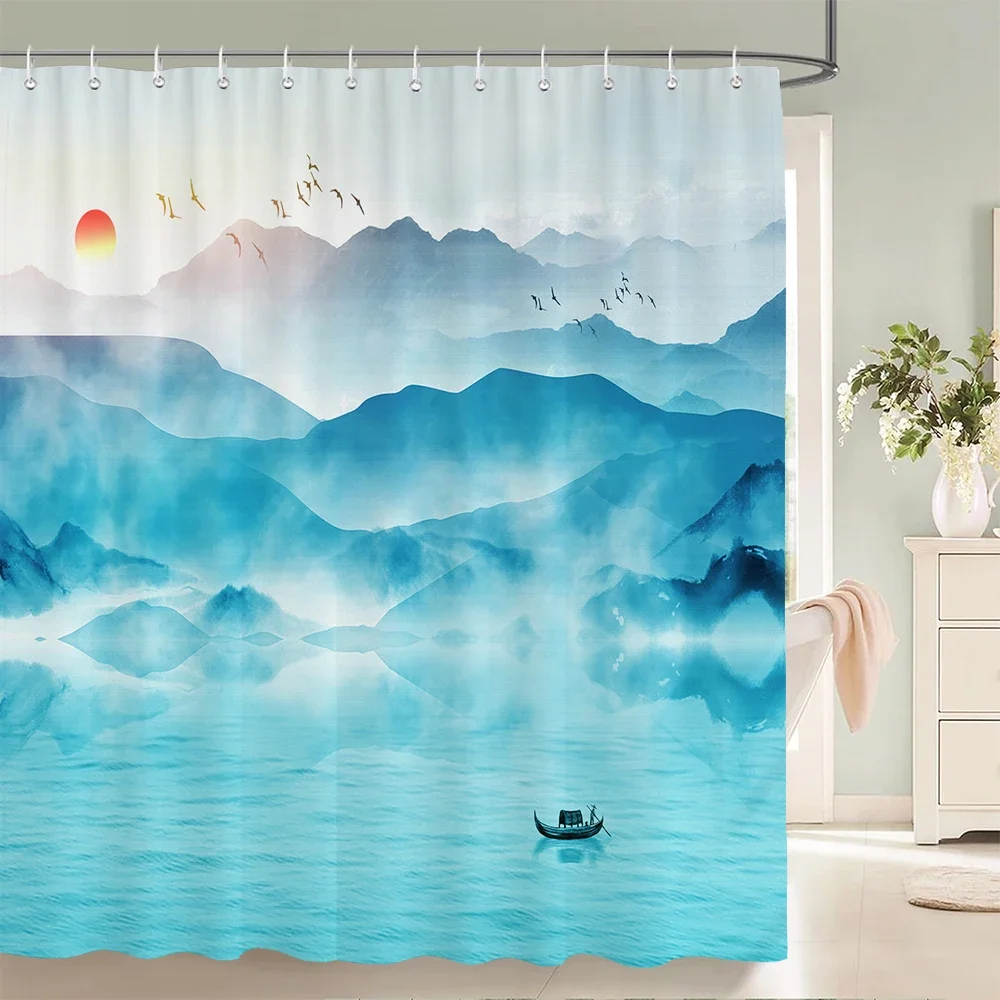 Flowers Birds Bath Curtain Waterproof Fabric Shower Curtains Floral Leaves Landscape Printing Bathroom Screen Home Decoration 5