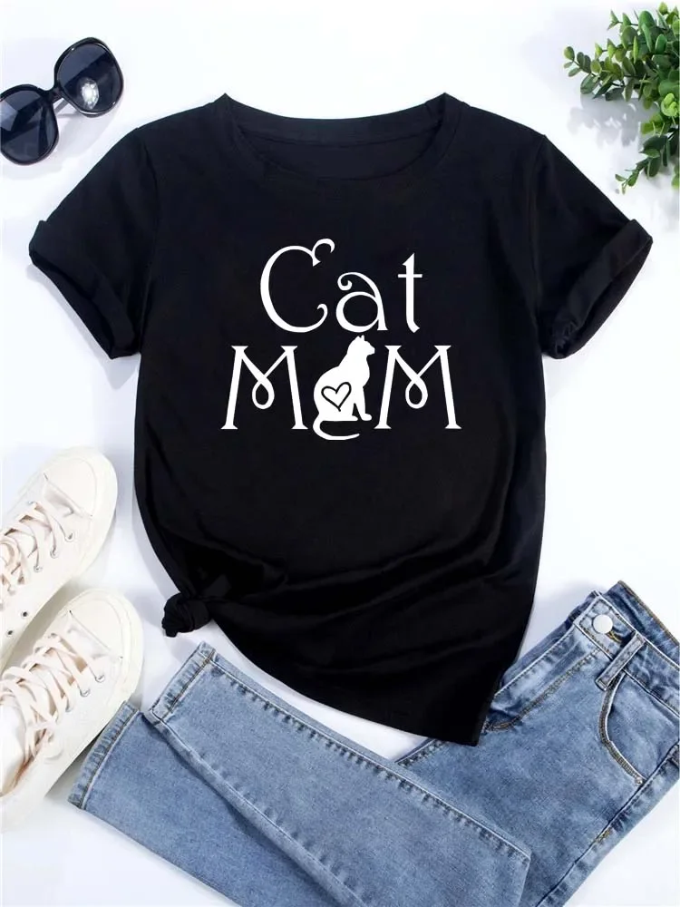 New Cute Love Heart Cat Print Women T-Shirt Casual Short Sleeve Top Summer Women’s Clothing Cartoon Streetwear Y2k Clothes Best Sellers In Women's Clothing