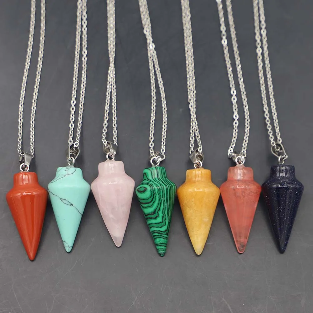 Natural Stone Multicolor Tapered Cone Pendant Stainless Steel Chain Necklace Healing Minerals Charm DIY Jewelry Accessories 8Pcs