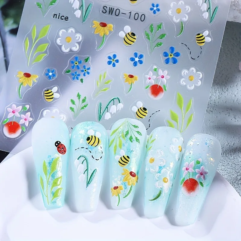 레드 체리 비 3D 네일 스티커 - 여성용 봄 여름 꽃무늬 네일 데칼 DIY - 음악 축제/부활절/피크닉 네일 아트 데코레이션