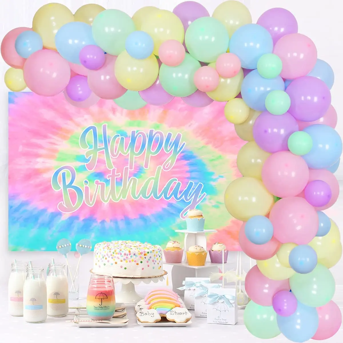 Tie Dye Birthday Decorations for Girls Macaron Color Balloon