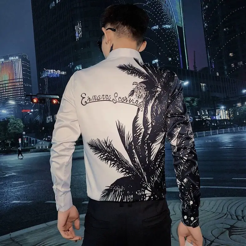 Autumn KPOP Fashion Style Harajuku Slim Fit Ropa Hombre Loose Casual All Match Shirt Pointed Collar Printed Long Sleeve Blusa