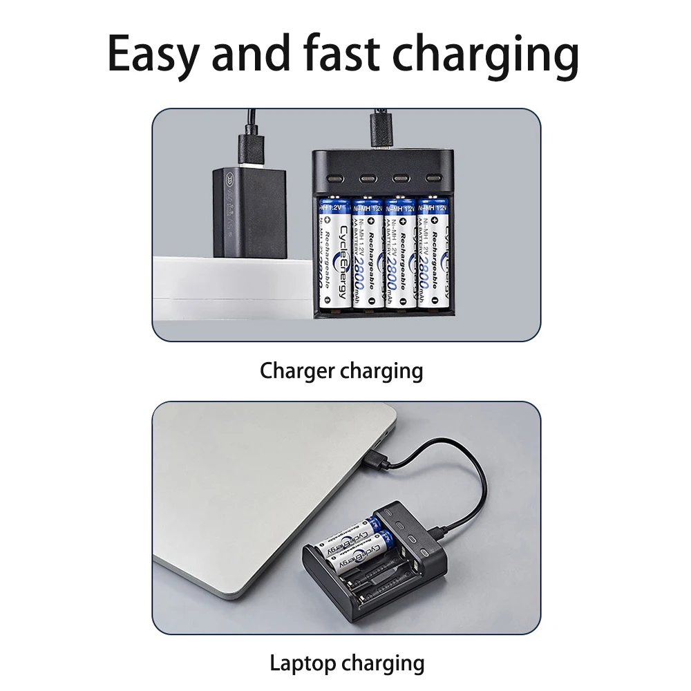 Battery Charger 4 Slot Intelligent Fast Charge With LED Indicator For 1.2V NiMH NiCd AAA/AA Rechargeable Batteries USB Charger - 4
