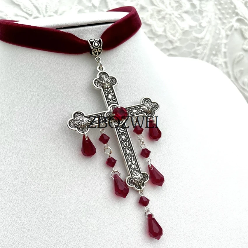 Cross Choker Large Red Goth Gothic Cross Velvet Red Velvet Choker