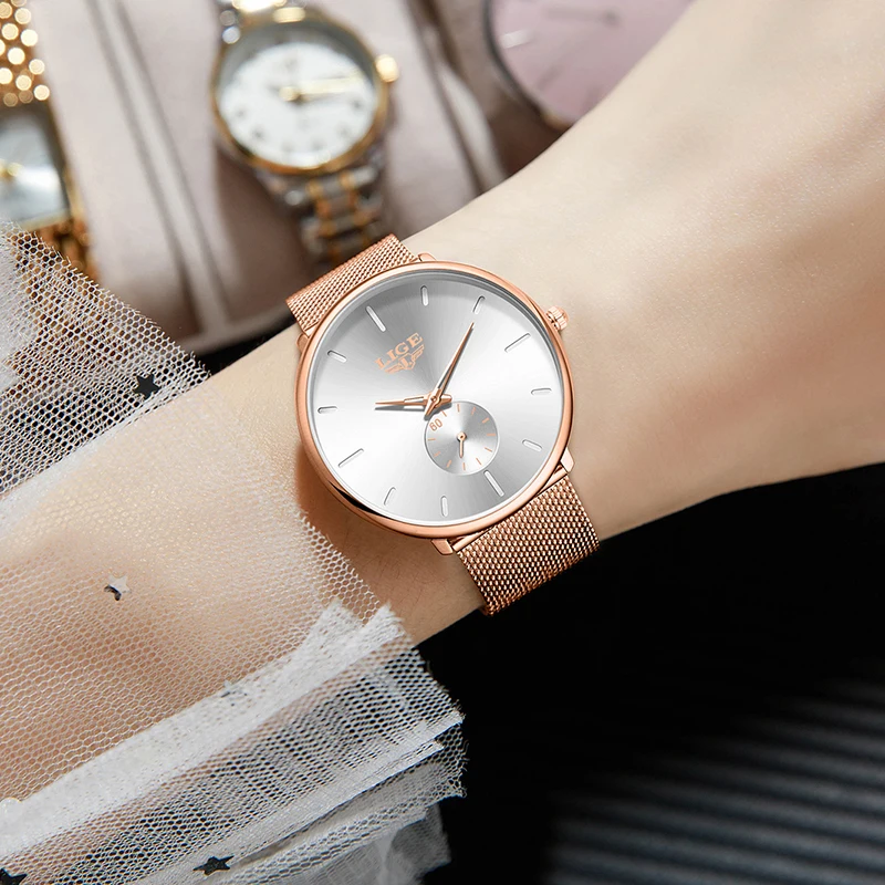 LIGE Simple Round Watch Women Elegant Fashion Ultra Thin Quartz Ladies Watch Waterproof Sports Bracelet Watches Gift for Women