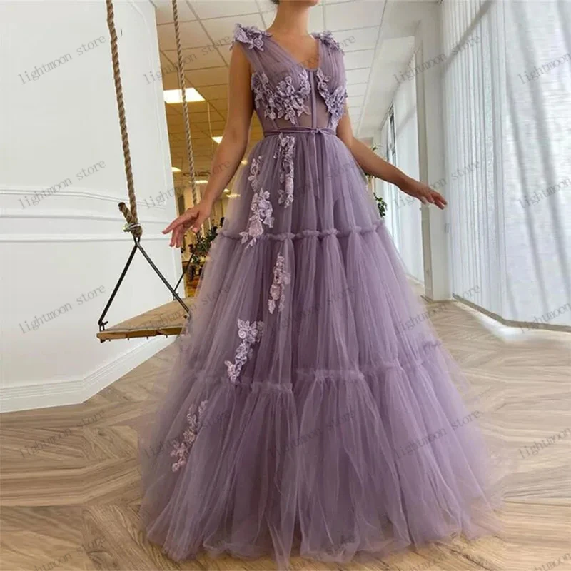 

Romantic Evening Dresses Flower Decorate Prom Dress A-Line Tulle Tiered Ball Gowns Lace Appliques Vintage Vestidos De Gala 2024