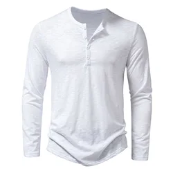 Men's Long Sleeve Cotton Henley Neck Shirt - Casual Solid Color Fashion Tee - US S (White)
