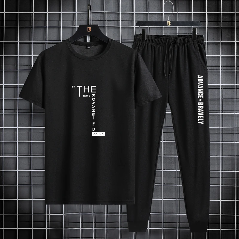 Trendy printed men's sports suit, summer casual T-shirt, leggings, two piece set, thin and breathable, solid color 2024 new prod 3