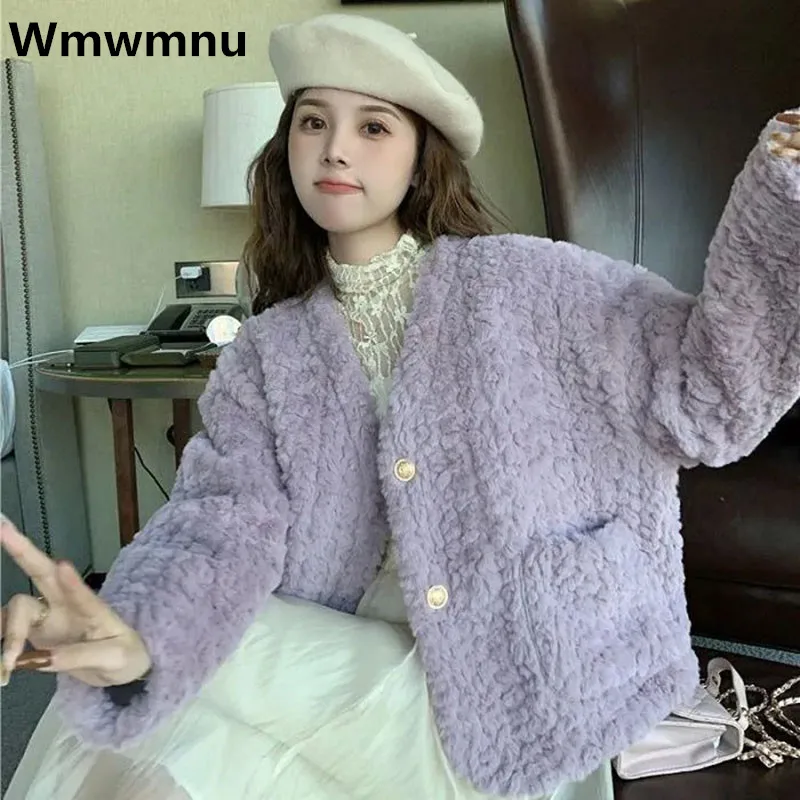 

Теплые женские куртки из овечьей шерсти, зимние винтажные плотные плюшевые пальто, корейская мода, короткая верхняя одежда с карманами, большие размеры 65 кг Casaco