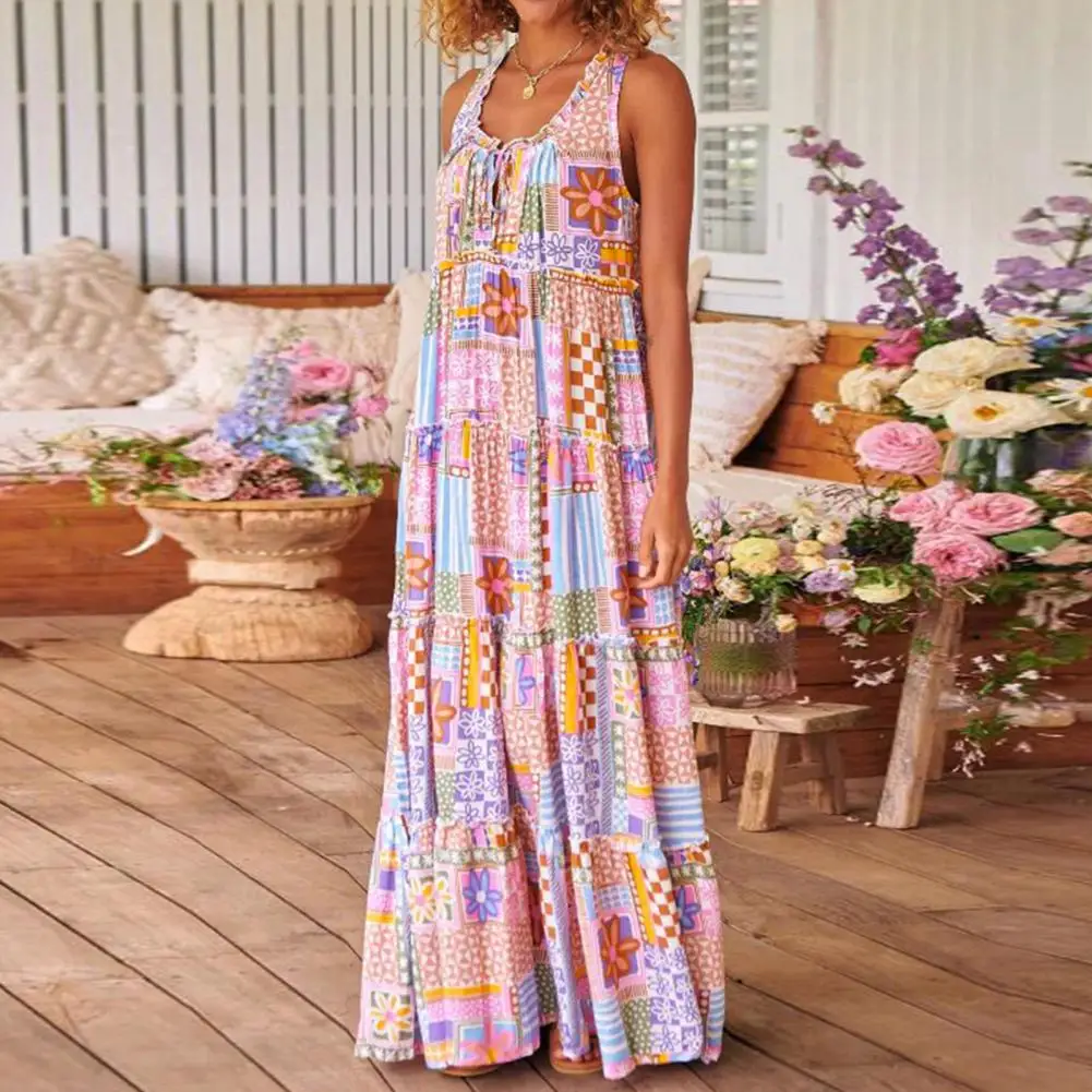 

Breathable Summer Dress Bohemian Maxi Dress with Flower Print A-line Shirring for Women Summer Soft Round Neck Patchwork Printed