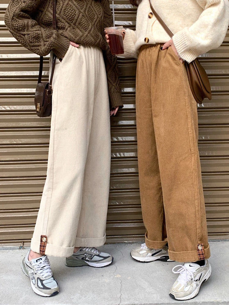Pantalones pana para mujer, pantalón grueso informal de cintura alta y pierna Harajuku, Beige, holgado, Invierno|Pantalones y pantalones capri| - AliExpress