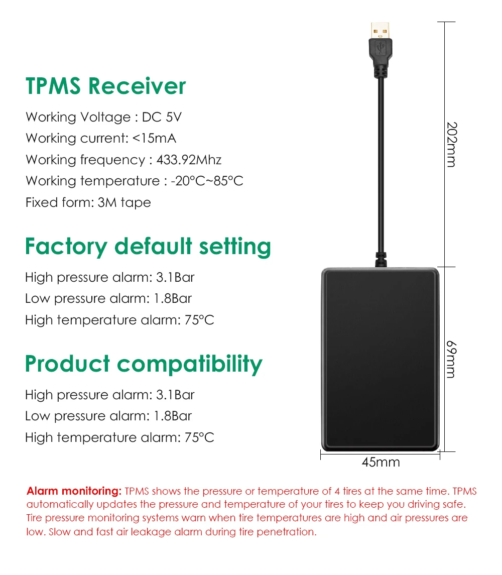 USB Android TPMS Reifendruckkontrollsystem Anzeigesystem Interne externe Sensoren für Autonavigationsradio – Detail 5