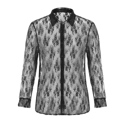 Men's Long Sleeve Lace Fishnet Mesh Shirt - Slim Fit Vintage Streetwear Fashion - L (Black)