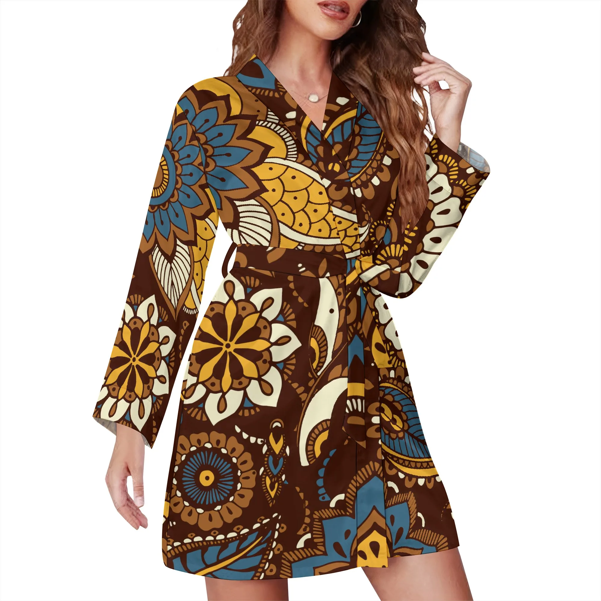 Damen Langarm-Satin-Nachthemd mit Taillenband, Modisches Bedrucktes Sexy Nachthemd – Detail 1