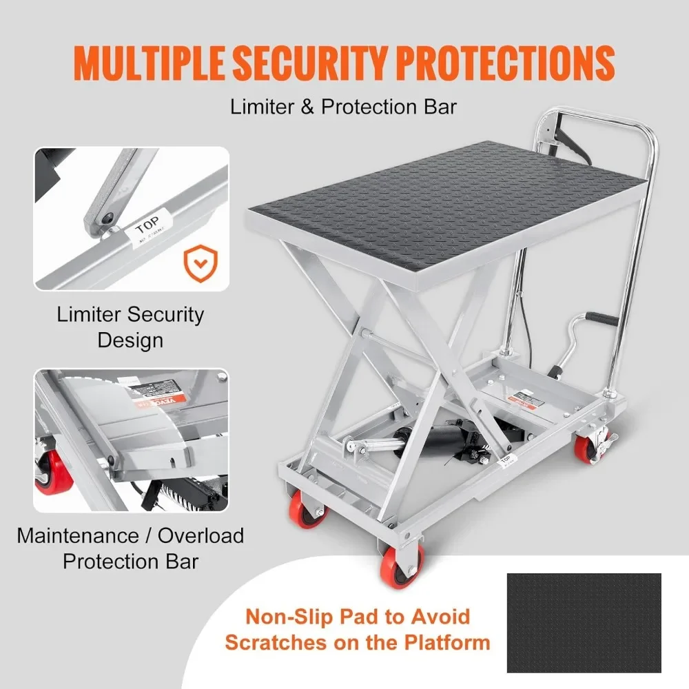 Hydraulic Lift Table Cart 500lbs Capacity 28.5" Lifting Height Manual Single Scissor Lift Table with 4 Wheels and Non-Slip Pad 5