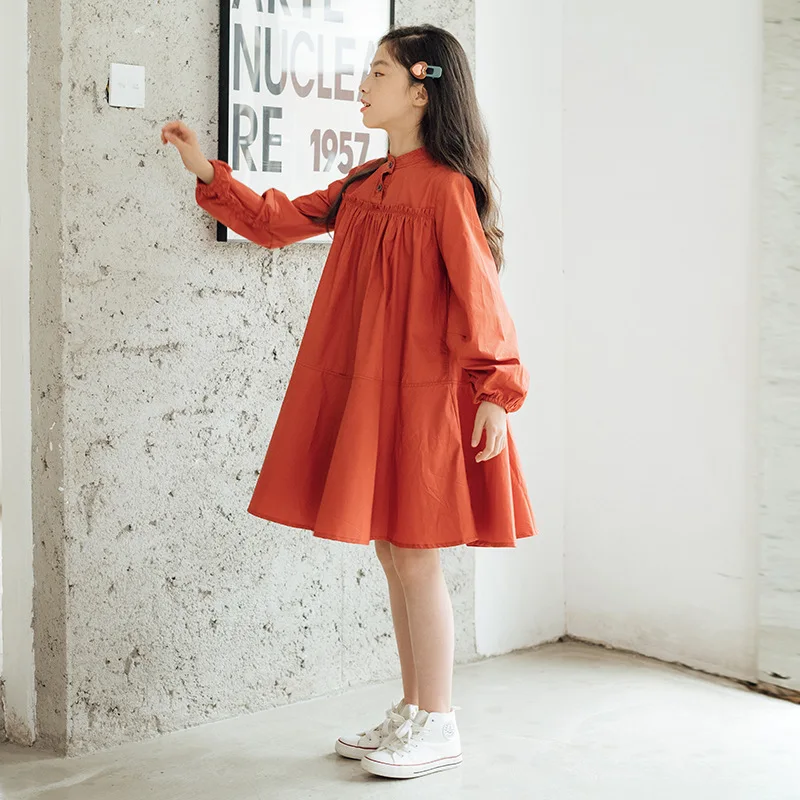 Long Sleeve Kids Dresses For Teenage Girls Autumn Cotton Princess Casual Loose Midi Dress Young Children Clothes 12 13 14 15 16Y