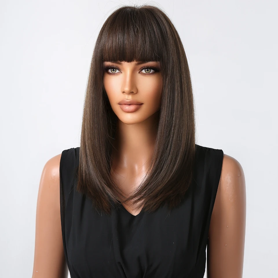 Perruque Longue Brune Lisse Avec Frange - Synthétique, Taille Moyenne - Neuf Sans étiquettes