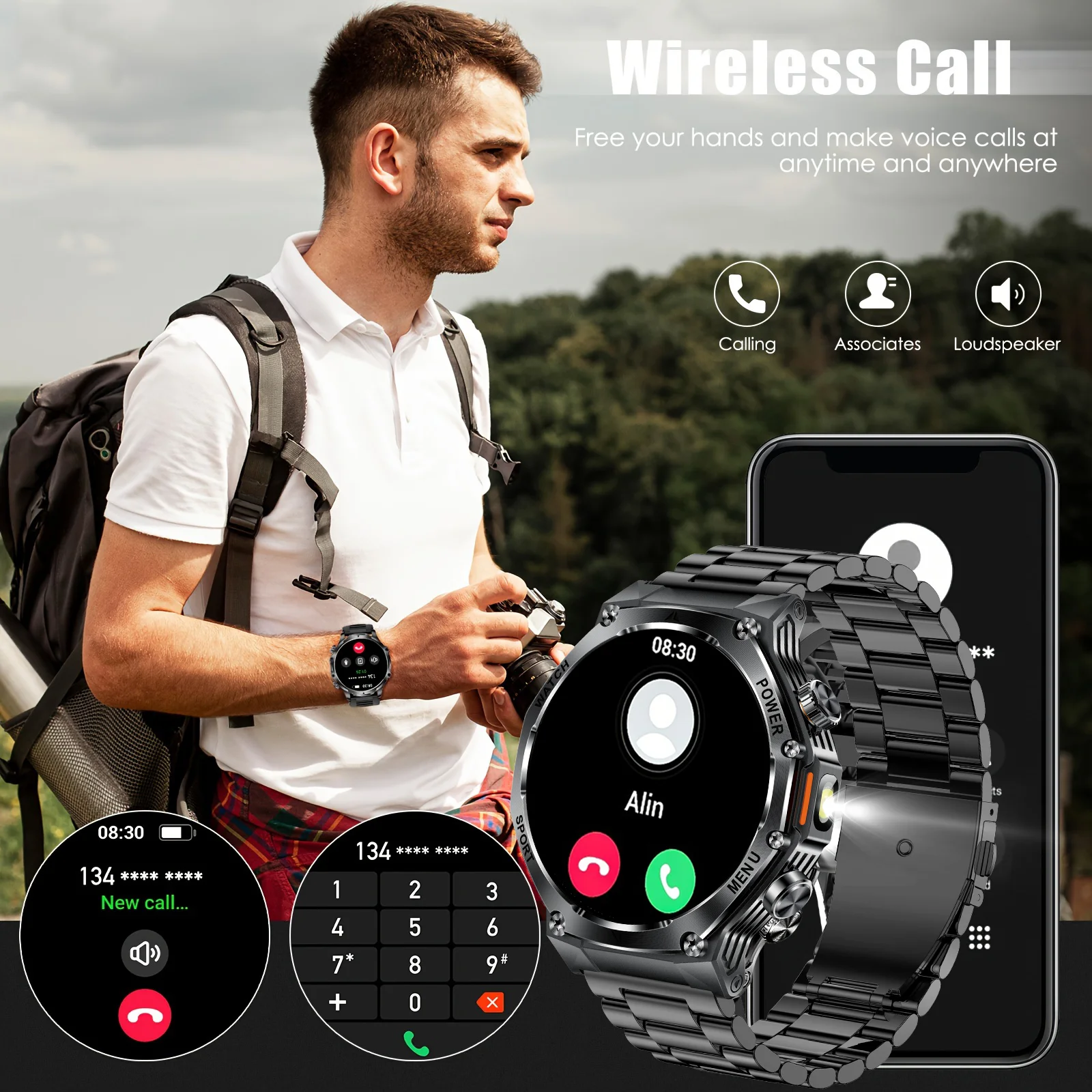 2025 New Sports Smartwatch 800mAh Battery 1.8-Inch HD TFT Display Wireless Talk LED Flashlight Stainless Steel Strap Compatible 6