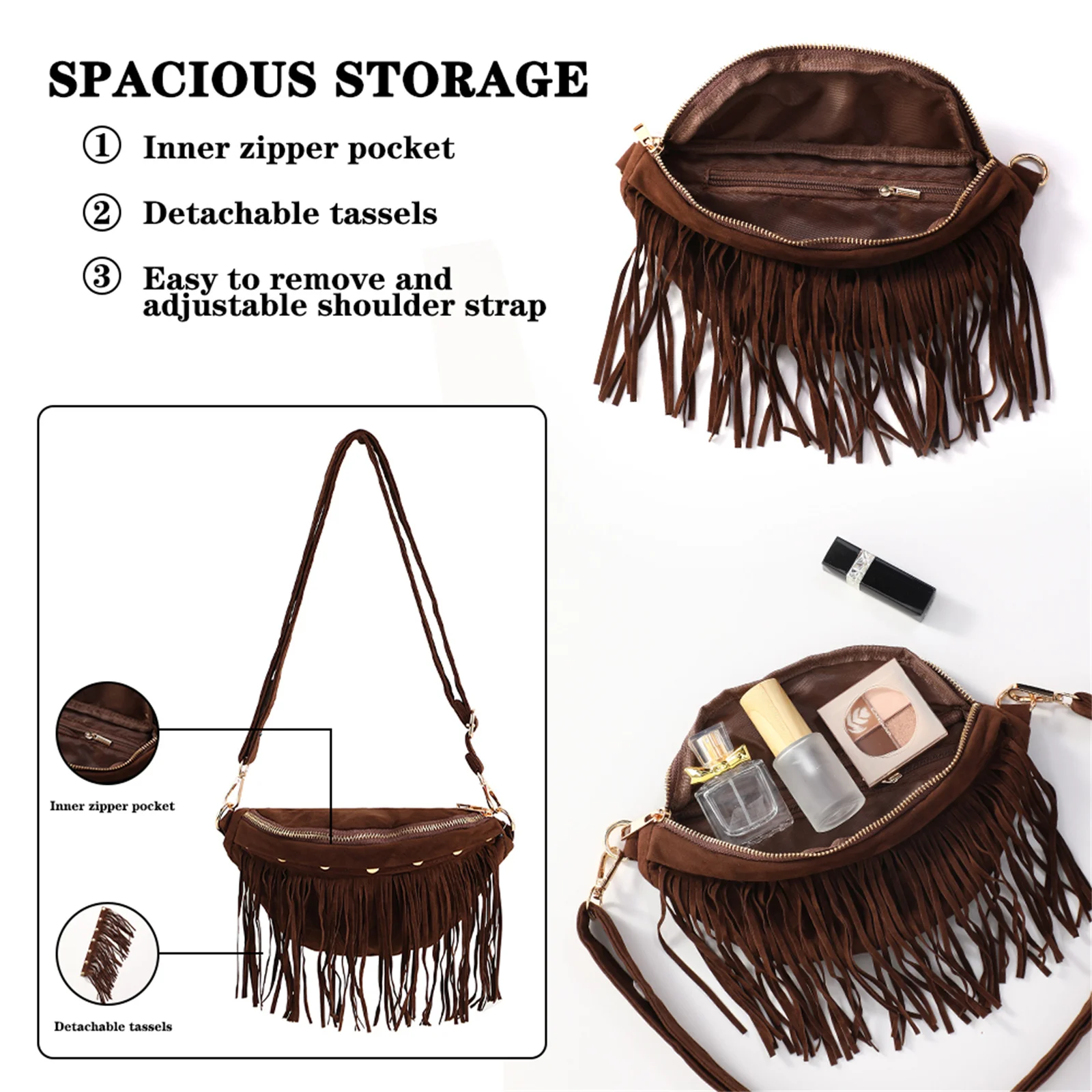 Detachable Tassels Chest Bags For Women Faux Suede Crossbody