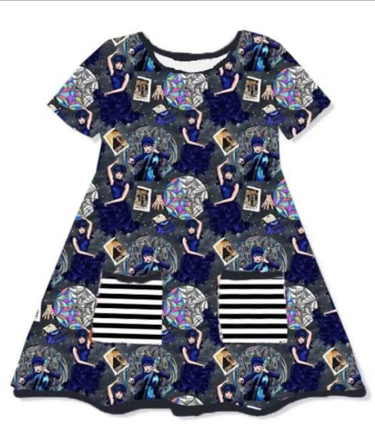 

Wholesale Kids Wednesday Outfits Cartoon Girls Pearl Sleeve Ruffles short sleeve dress girl dress