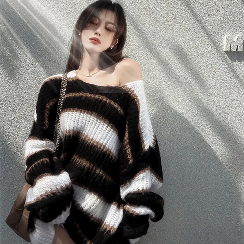 

GIDYQ Y2K Vintage Oversized Sweater Women Harajuku Striped Knitted Casual Jumper Korean Fashion Loose Knitwear Pullover Tops