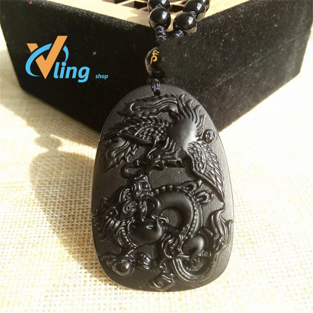 Natural Obsidian Dragon And Phoenix Pendant StatementNecklaceBohemianMan Nick Little Girl Korean Fashion Lucky Charmsspiritual