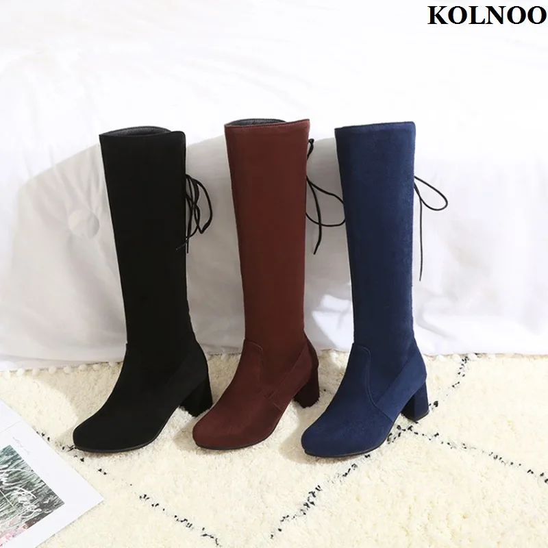 

Kolnoo Handmade New Women's Chunky Heels Boots Faux Suede Stovepipe Half Booties Three Colors Evening Party Fashion Winter Shoes