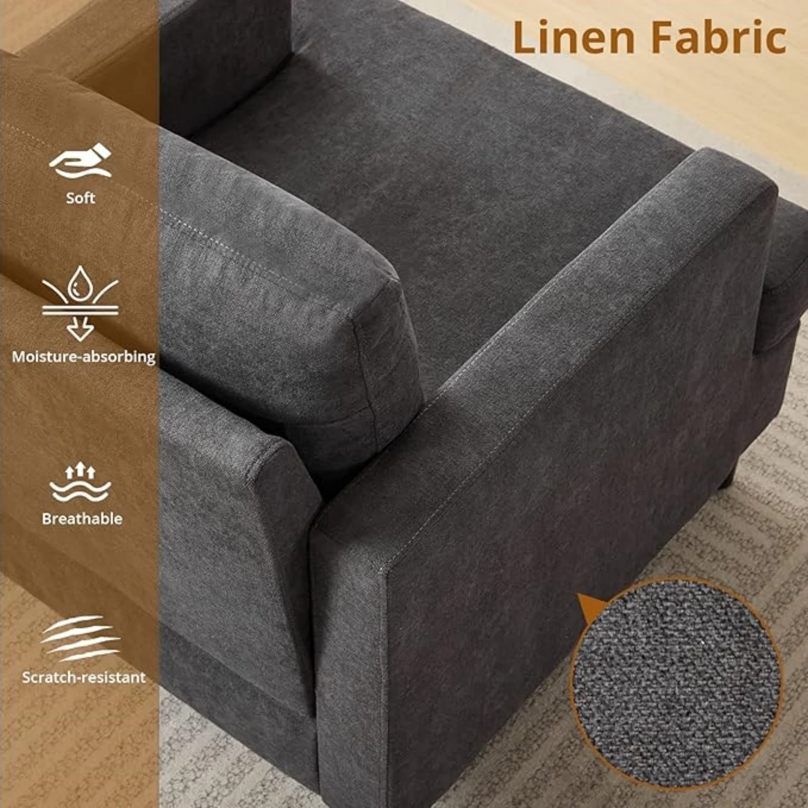 Mid-Century-Akzentsessel, moderner Sessel aus Leinenstoff für das Wohnzimmer, bequem gepolstert, Einzelsofa-Sessel für Schlafzimmer und Wohnzimmer – Detail 10