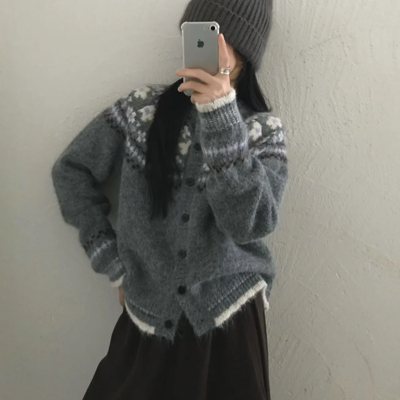 Women's Casual Knitwear Coat Autumn Winter New Style Versatile Lazy Style Fair Isle Embroidery Long Sleeve Loose Fit Cardigan - 3