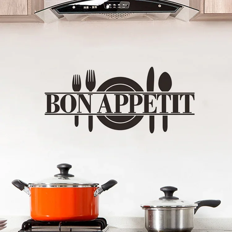 BON APPETIT Letter Plate Mirror Stickers 3D Acrylic Art Knife And Fork Kitchen Wall Stickers DIY Tea Room Home Decoration