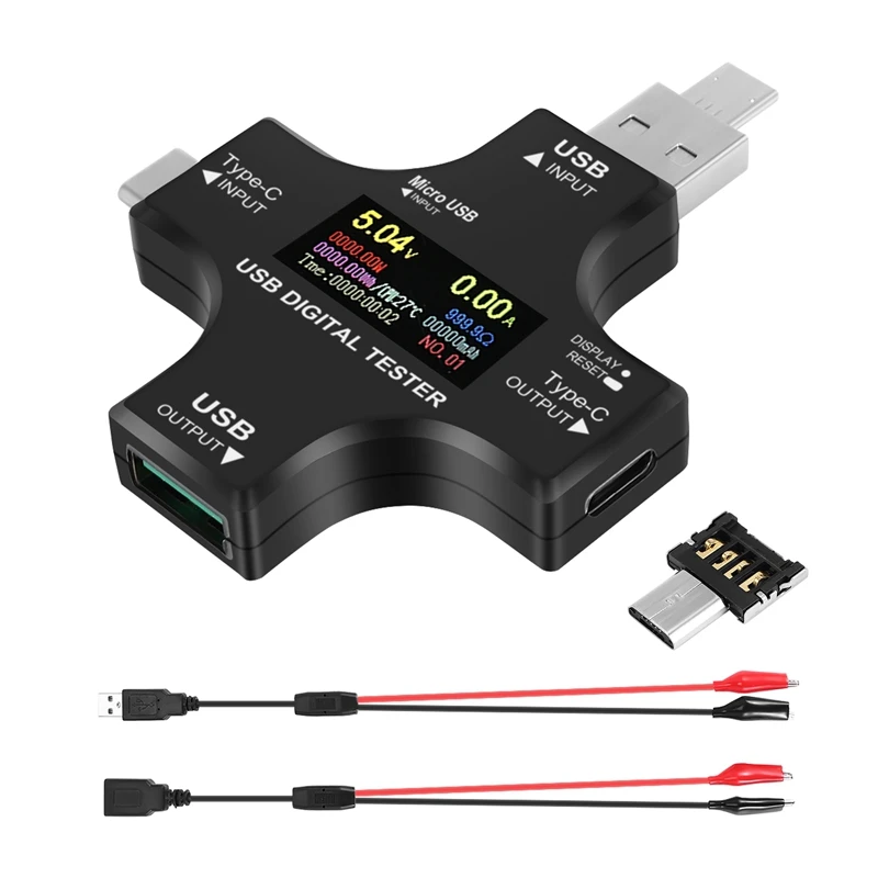 USB C Tester 2 In 1 Type C USB Tester Color Screen IPS Digital Multimeter Voltage Current Power Resistance Temperature With Clip digital multimeter,multimeter tester