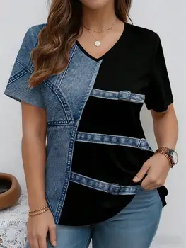 Summer casual fashion imitation denim print V-neck short sleeved commuting versatile T-shirt 1