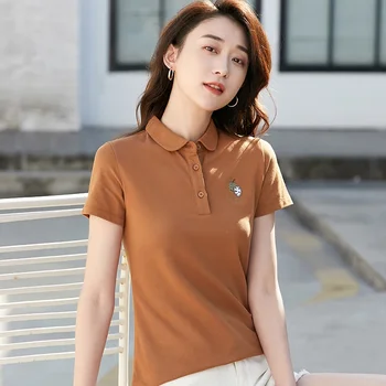 Summer New Short Sleeve Polo T-shirt Embroidery Slim Fit Solid Color Fashion Women's Polo Shirt 1