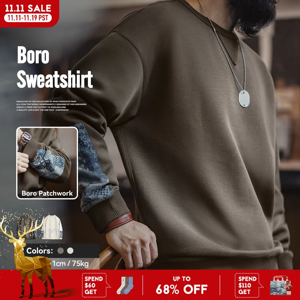 Maden Vintage Boro Patchwork Sweatshirt Casual Round-Neck Tops Men's Classic Pullover for Spring and Autumn Fashion Streetwear