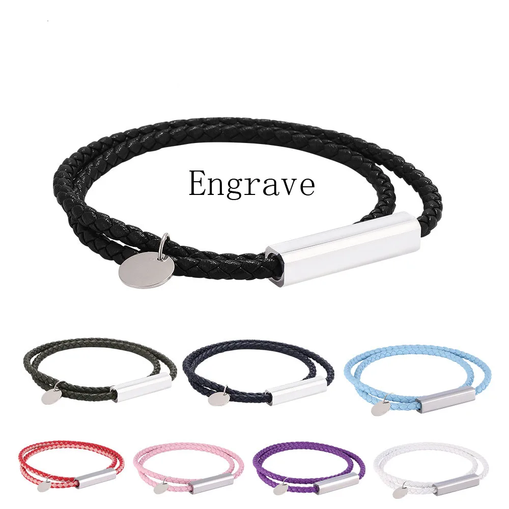 

Engrave Name Leather Woven Men Bracelet Stainless Steel Personalized Bangle Vintage Jewelry Gift