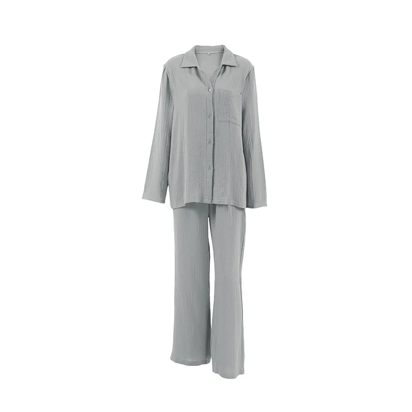 Grigio a vita alta nuovo In pigiama per le donne set sciolto manica lunga Sleepwear Pocket Turn Down Collar abbigliamento per la casa delle donne