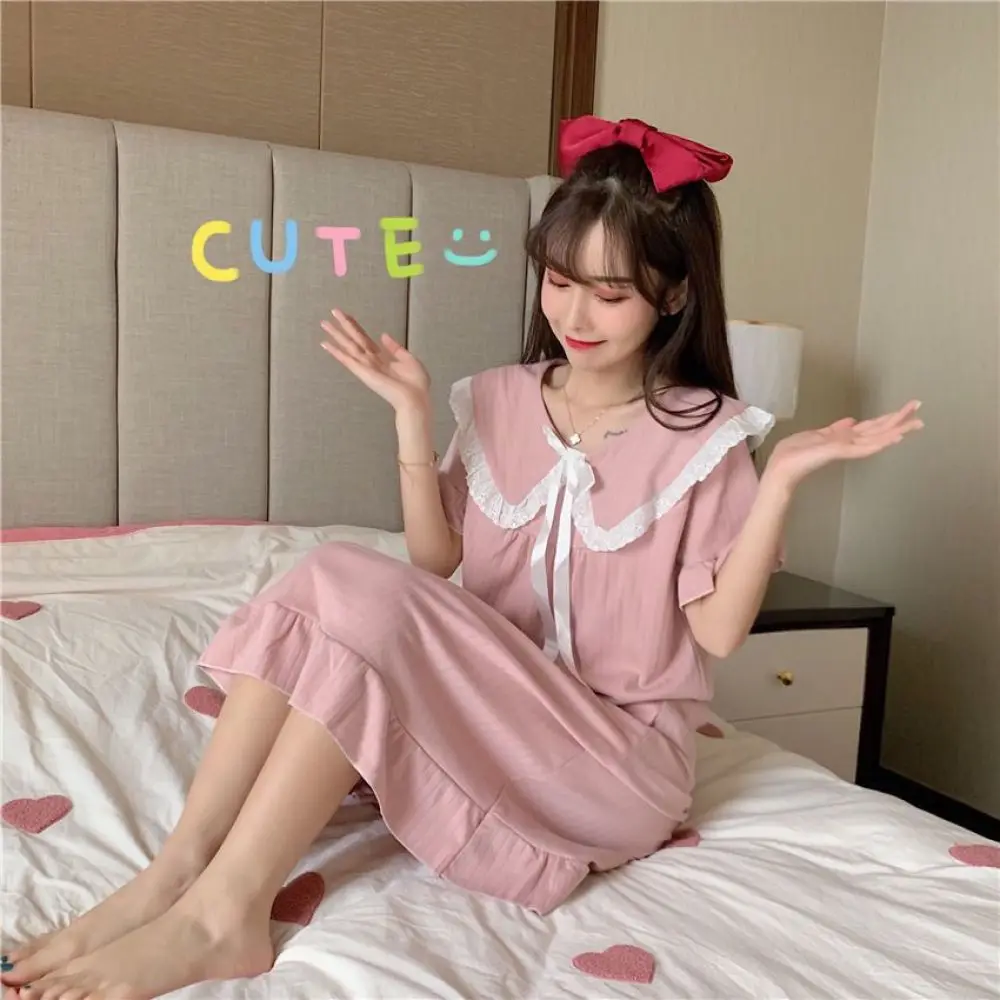 Women Nightgowns XXXL Cute Bow Sleepwear Soft Casual Nightwear Solid Ruffles Sleep Dress Lingerie Gown Robe Homedress Nightdress