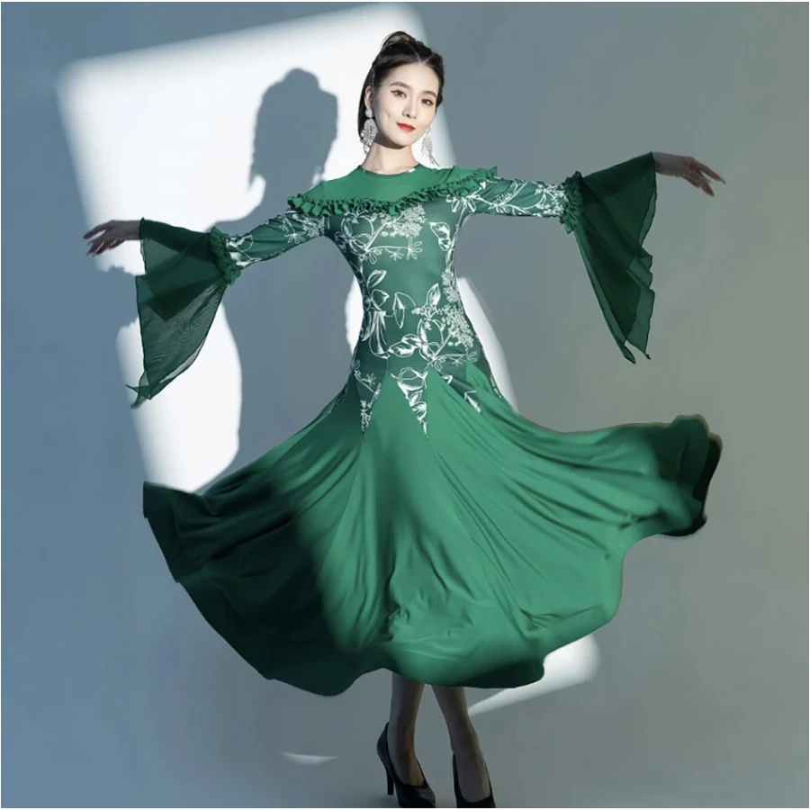 Green Black Bell Sleeve Ballroom Dance Performance Dress For Adult Women Female Expansion Skirts Tango Waltz Dress