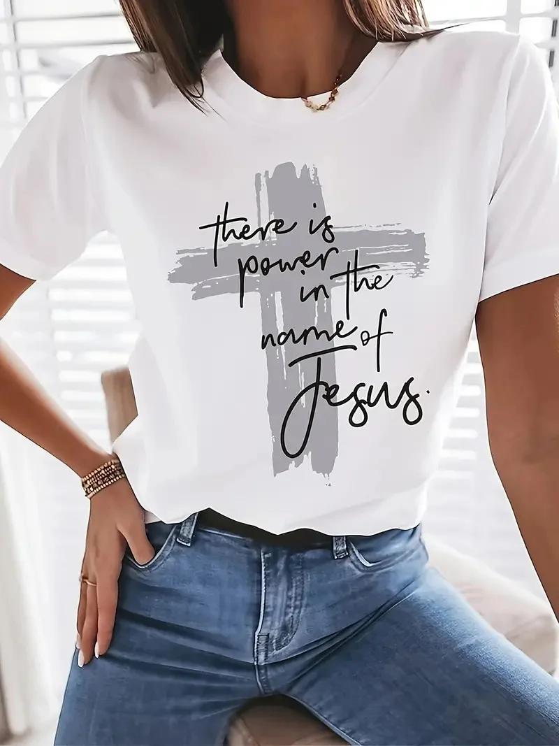 

Cross & Letter Print Summer Tee, Casual Short Sleeve Crew Neck T-shirt, Women's Clothing