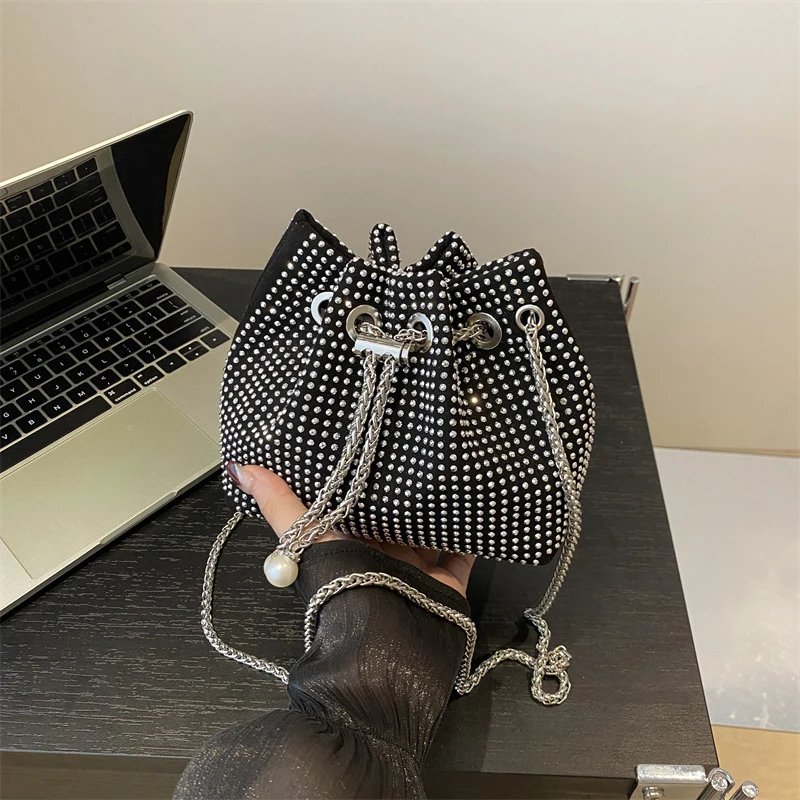 Portable Shiny Evening Banquet Bag Handbag Korean Style Drawstring Crossbody Bag Small Purse Mini Bucket Bag Women