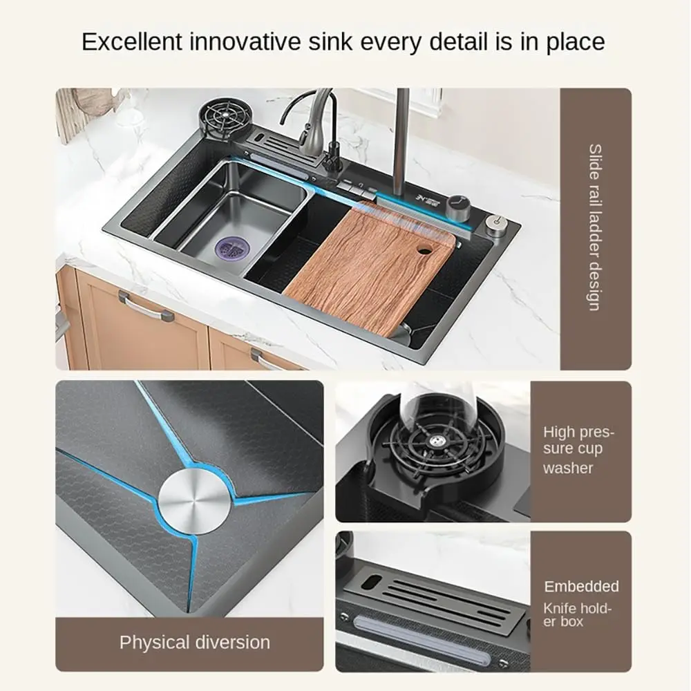 Stainless Steel Smart Waterfall Kitchen Sink Single Bowl Digital Display Honeycomb Nano Modern Workstation Sink with Pull Down F